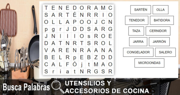 Utensilios y accesorios de cocina - Busca palabras - Sopa de letras