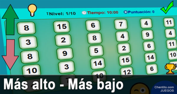 Más alto - Más bajo. Juego de secuencia numérica. Matemáticas.
