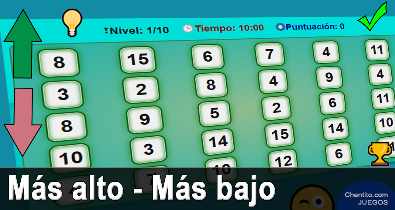 Más alto - Más bajo. Juego de secuencia numérica. Matemáticas.
