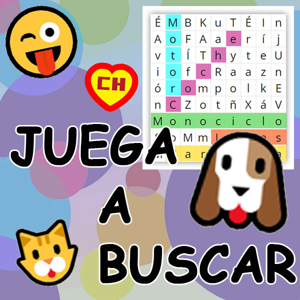 Juega a buscar. Busca el par, Busca el trío, Busca cuatro, Busca el intruso, Sopa de letras.